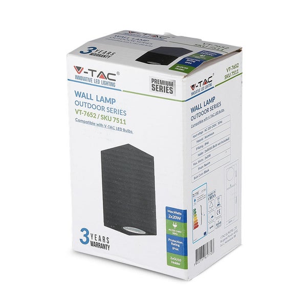 V-TAC VT-7652SQ - GU10 Außenbeleuchtung - Wand - Armaturen - Schwarz - IP44
