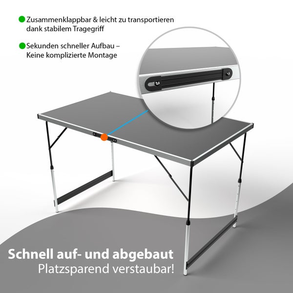 Zusammenklappbarer Campingtisch mit Tragegriff und höhenverstellbaren Beinen für schnellen Auf- und Abbau.
