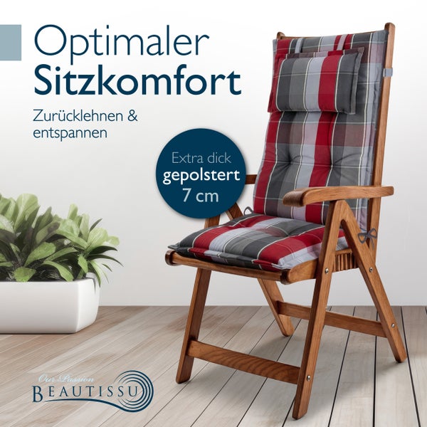 Holz-Gartenstuhl mit rot-grau karierter Hochlehner-Auflage. Die Polsterung ist 7 Zentimeter dick und hat ein Kopfkissen. Beautissu Logo.