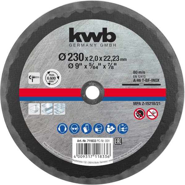 kwb Metall-Trennscheibe 230 x 1,9 mm dünn, Bohrung 22,23 mm für Winkelschleifer, für Edelstahl geeignet