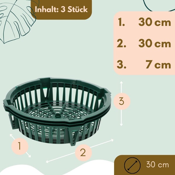 Drei Pflanzkörbe aus Kunststoff, Durchmesser 30 cm, Höhe 7 cm