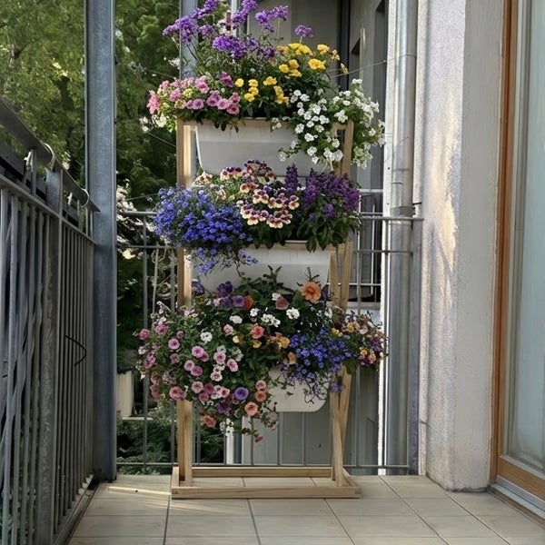Vertikales Pflanzregal aus Holz mit drei Ebenen und weißen Pflanzkästen, bepflanzt mit bunten Sommerblumen auf einem hellen Balkon.