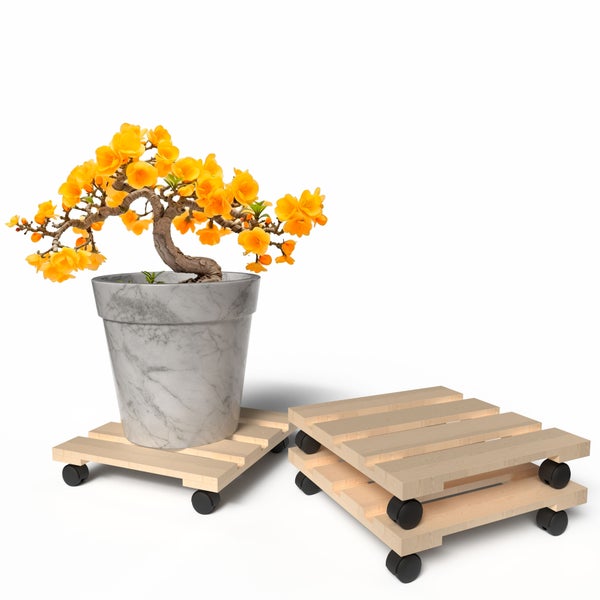 Blumentopf mit gelben Blüten auf Pflanzenroller aus Holz
