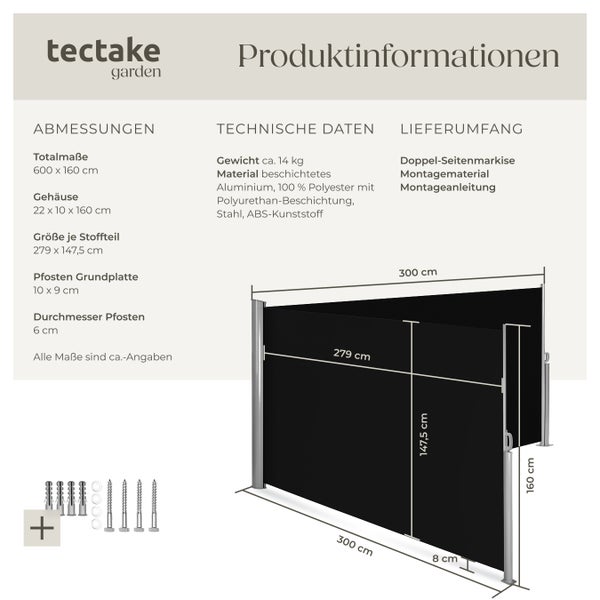 Doppel-Seitenmarkise tectake  160 x 600 cm aus Aluminium schwarz