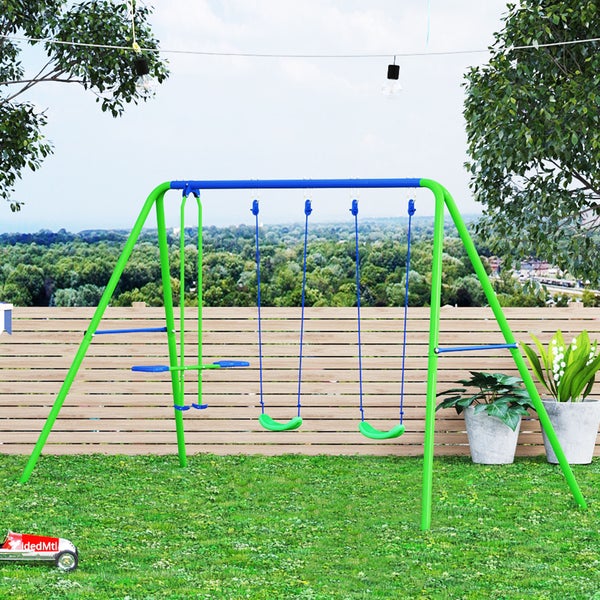 Outsunny Schaukelgestell Outdoor Schaukelgerüst mit 2 Schaukeln, Wippe, Kinderschaukel mit Metallgestell, verstellbarem Seil Gartenschaukel für Kinder, Grün