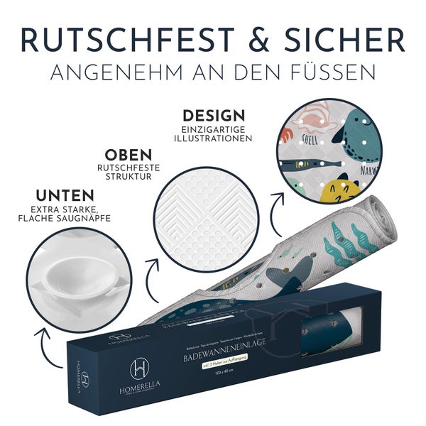 Homerella® Badewannenmatte rutschfest Kinder - 100% BPA frei Inkl. 2 Haken zum Aufhängen 100x40cm - Antirutschmatte Badewanne Baby hautsensitiv & schimmelresistent - Badematte rutschfest & waschbar