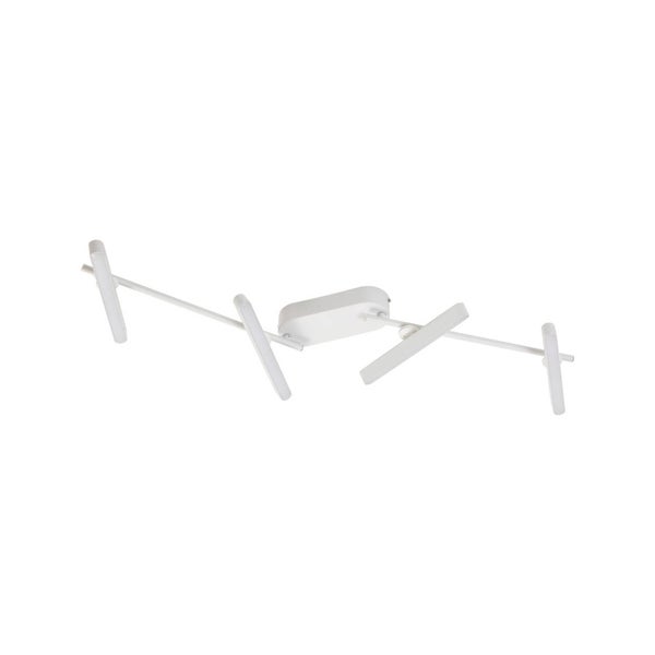 Moderne LED-Deckenleuchte in Weiß mit vier verstellbaren, stabförmigen Leuchtelementen an zwei schwenkbaren Armen.