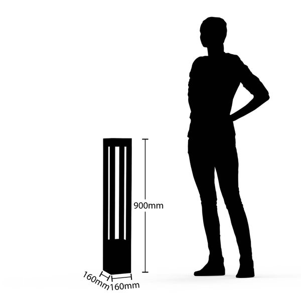 Silhouette einer Wegeleuchte mit einer Höhe von 900 Millimetern und einer Breite von 160 Millimetern im Größenvergleich zu einer Person.
