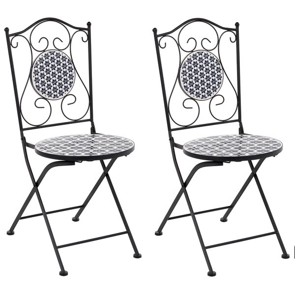 Zwei klappbare Gartenstühle aus Metall mit Mosaik Verzierung in der Rückenlehne und Sitzfläche