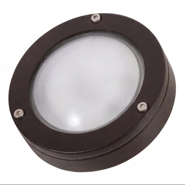 Runde Außenleuchte aus Metall mit matter Glasabdeckung und drei sichtbaren Schrauben.