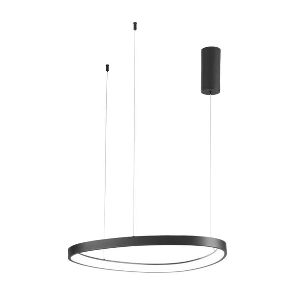 Schwarze LED-Pendelleuchte in Ringform mit drei Seilaufhängungen und einem zylindrischen Deckenbaldachin.