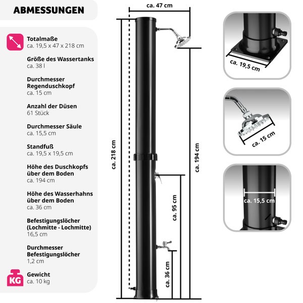 Solardusche tectake Orinoco inklusive Wasserhahn 38 Liter schwarz