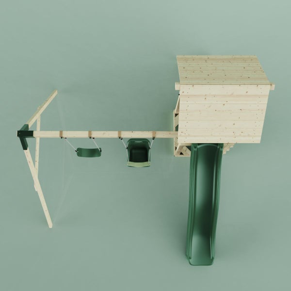 Spielturm mit Rutsche und Schaukel aus Holz