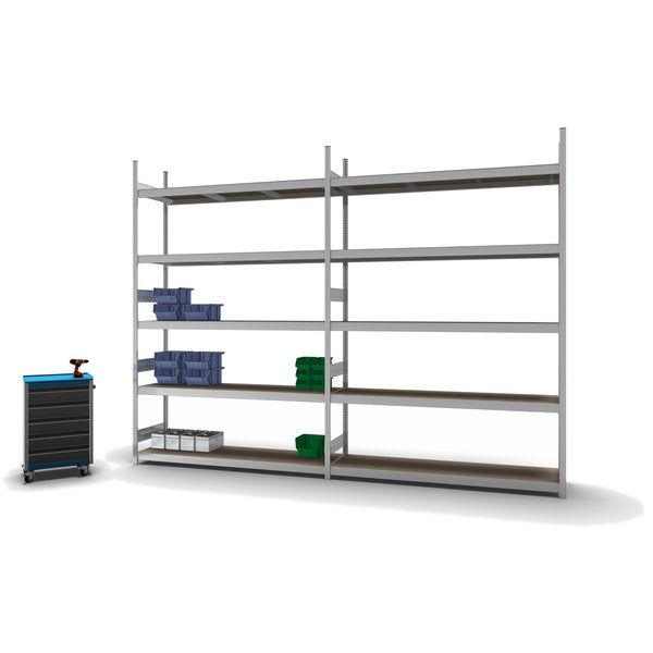 PROREGAL Weitspannregal Stecksystem T-Profil Grundregal HxBxT 300x200x50 cm 5 Ebenen Spanplatten Fachboden Fachlast 350 kg Verzinkt