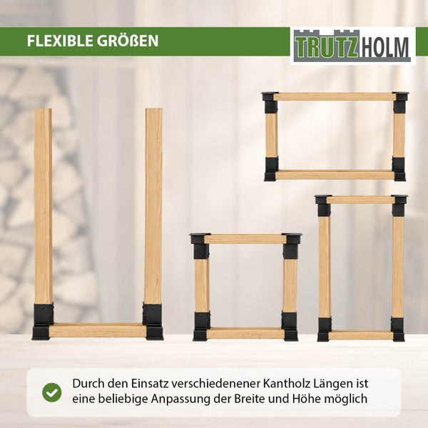 Trutzholm Kaminholzregal Stecksystem zur individuellen Anpassung der Breite und Höhe mit Kanthölzern und schwarzen Metallverbindern