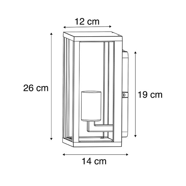 Skizze Außenwandleuchte mit Maßen: Höhe 26 Zentimeter, Breite 12 Zentimeter, Tiefe 14 Zentimeter, Wandhalterung 19 Zentimeter.