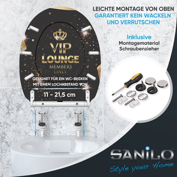 Sanilo WC-Sitz, VIP Lounge Motiv, Montage von oben für Lochabstände von 11 bis 21,5 Zentimeter, inklusive Befestigungsset. Sanilo Logo.