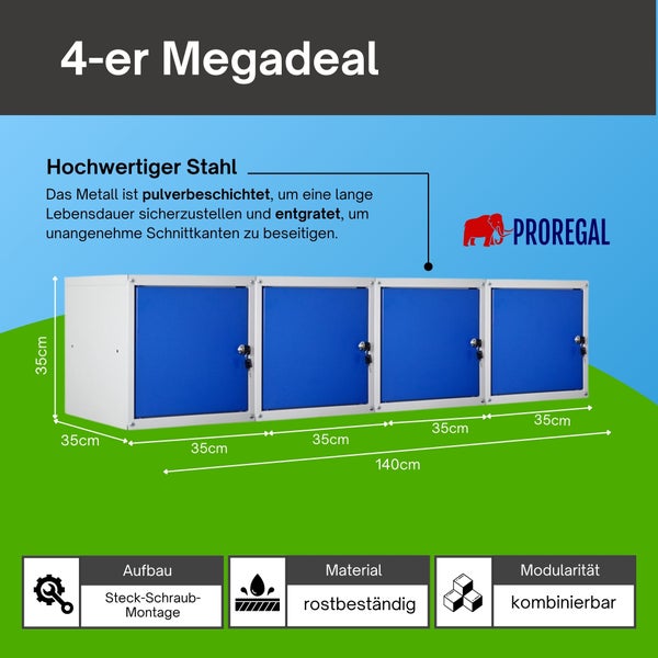 Proregal Set aus vier Metallschließfächern, pulverbeschichteter Stahl, 140 mal 35 mal 35 Zentimeter, rostbeständig und kombinierbar mit blauen Türen.