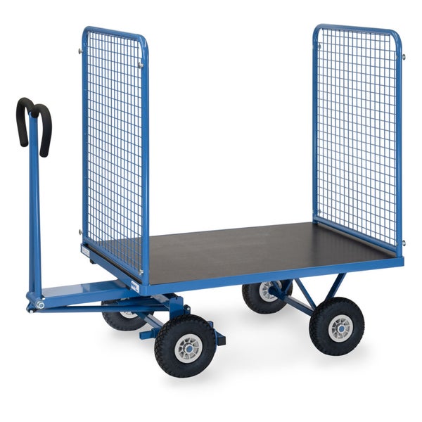 Blauer Industrie-Handwagen mit Gitterwänden, Luftbereifung und großer Ladefläche aus Holz.