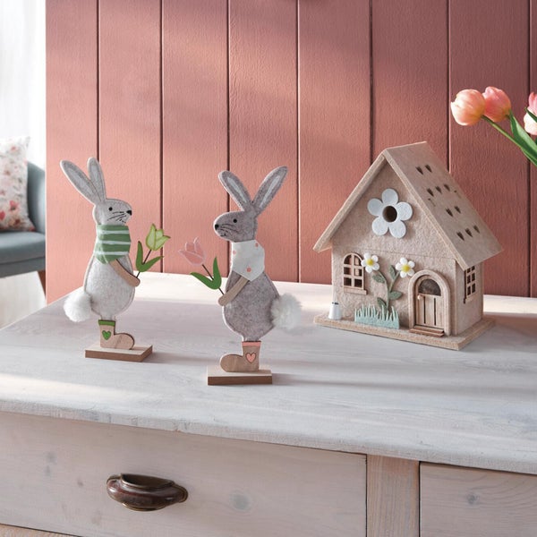 FRANK FLECHTWAREN|Hase Blumenpaar, 2er Set, 12 x 4 x 24 cm, POLYESTER, MDF, METALL, KUNSTFELL