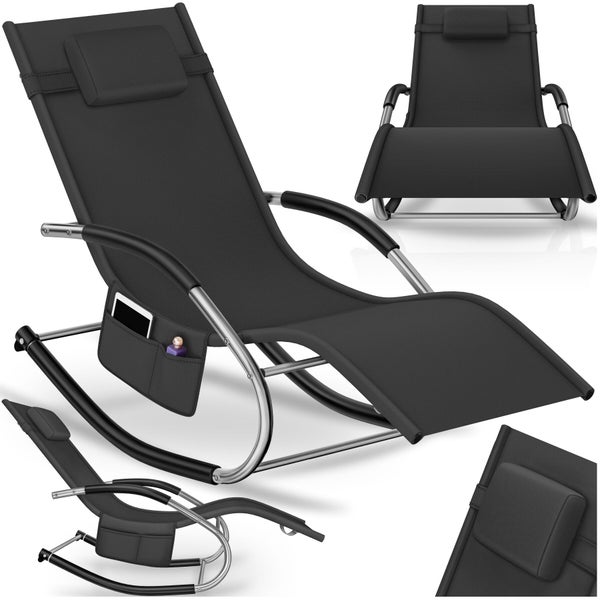 Moderne Schaukelliege aus Metall mit schwarzer Textilbespannung, ergonomischer Form, Kopfpolster und praktischer Seitentasche.