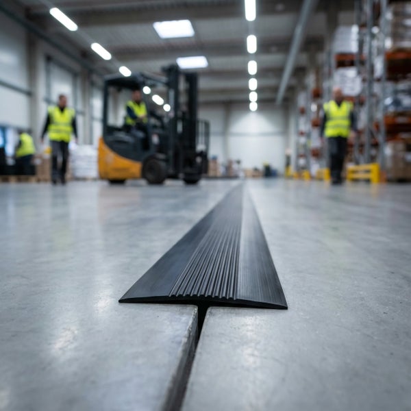 Schwarze Kabelbrücke aus Gummi auf dem Boden eines Logistiklagers mit Gabelstapler und Mitarbeitern im Hintergrund.