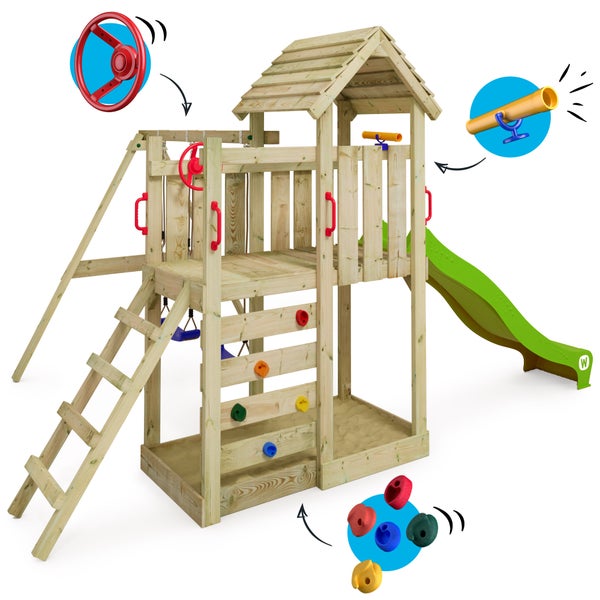 WICKEY Spielturm Klettergerüst MultiFlyer Holzdach mit Schaukel und Rutsche, Kletterturm mit Holzdach, Sandkasten, Leiter und Spiel-Zubehör - apfelgrün