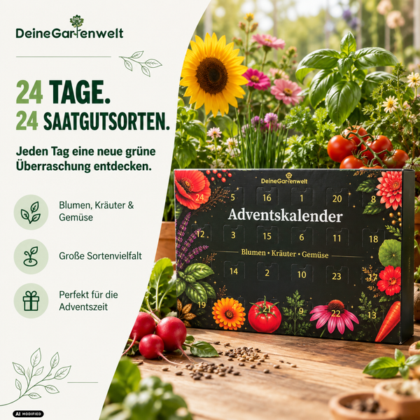 Hand streut Basilikumsamen in einen Pflanztopf mit Erde neben einer Samenpackung als Anleitung für den Anbau von Kräutern.
