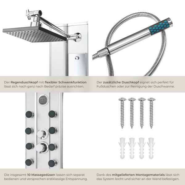 Duschpaneel mit Regenduschkopf, Handbrause, Massagedüsen und Montagezubehör