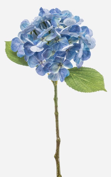 Künstliche Hortensie mit blauem Blütenkopf, grünem Stiel und zwei Blättern.