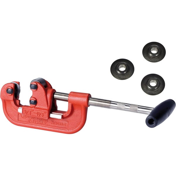 Roter Rohrabschneider für Rohre von 3/8 Zoll bis 1 1/4 Zoll inklusive drei Ersatzschneidrädern.