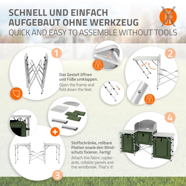 Hauki Camping Küche, Khaki, Campingschrank faltbar mit Tragetasche, Reiseküche mit Windschutz, Küchenschrank mit Arbeitsplatte, Staufächern, Alu Outdoorküche, Küchenbox klappbar, Zeltschrank tragbar