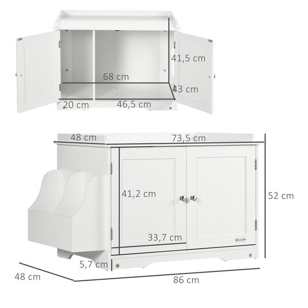 PawHut Katzenschrank für Katzentoilette, Katzenklo mit Magnettüren, Katzenhaus mit verstellbarem Trennwand, Katzenhöhle mit großem Stauraum, Beistelltisch, Weiß, 86 x 48 x 52 cm