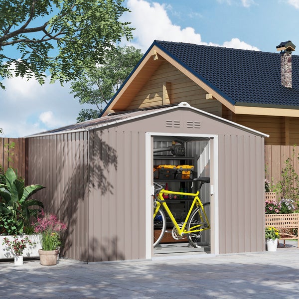 Outsunny Gerätehaus 4,9 m², Gartenhaus mit Pultdach, Schiebetür, Fundament, 277 x 195 x 192 cm, Geräteschuppen aus Verzinkter Stahl, wetterfest, für Garten, Hellgrau
