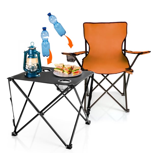 BigDean 2 Stück Campingstuhl mit Campingtisch faltbar – Faltstuhl in Neon Orange mit Getränkehalter & Tragetasche ideal für Camping, Festival & mehr