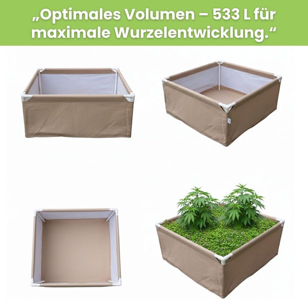 Mehrfachansicht eines Pflanzcontainers für optimales Wurzelwachstum mit einem Volumen von 533 Litern.