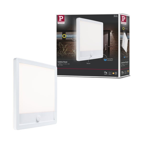Quadratische LED Außenwandleuchte mit Bewegungsmelder zur Beleuchtung der Hausfassade und des Eingangsbereichs.