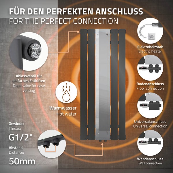 ML-Design Badheizkörper Flach Mittelanschluss 1200x450mm Anthrazit & Spiegel Anschlussarmatur Universal Eck- und Durchgangsform Multiblock Thermostat Paneelheizkörper Spiegelheizkörper Glasheizkörper