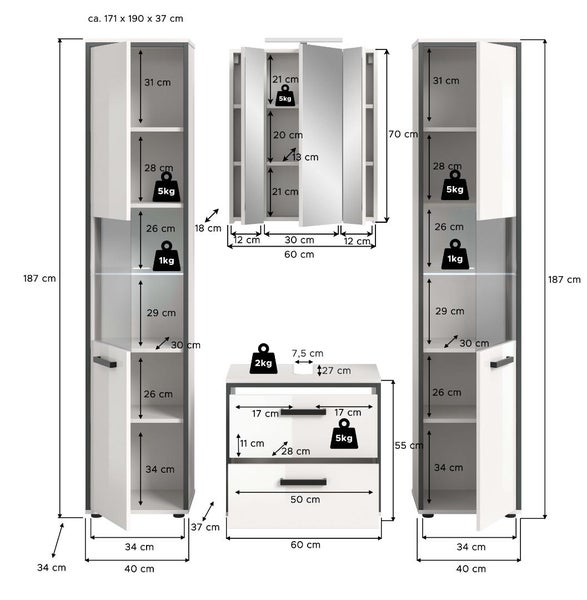Maßzeichnung eines Badezimmermöbel-Sets bestehend aus zwei Hochschränken, einem Spiegelschrank und einem Waschtischunterschrank mit Zentimeterangaben.