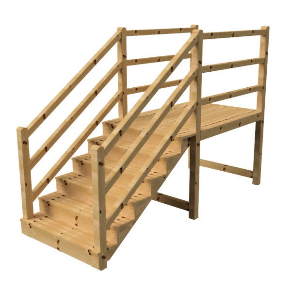 Holztreppe mit Geländer zu einer kleinen Holzplattform