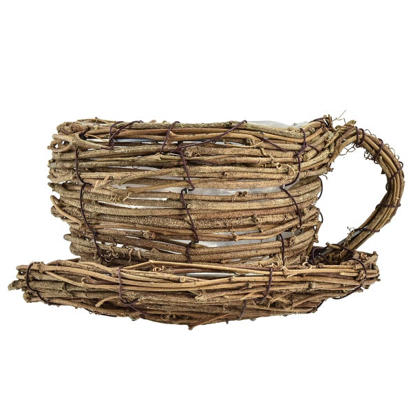 Dekorative Pflanzschale in Form einer Teetasse aus Ästen