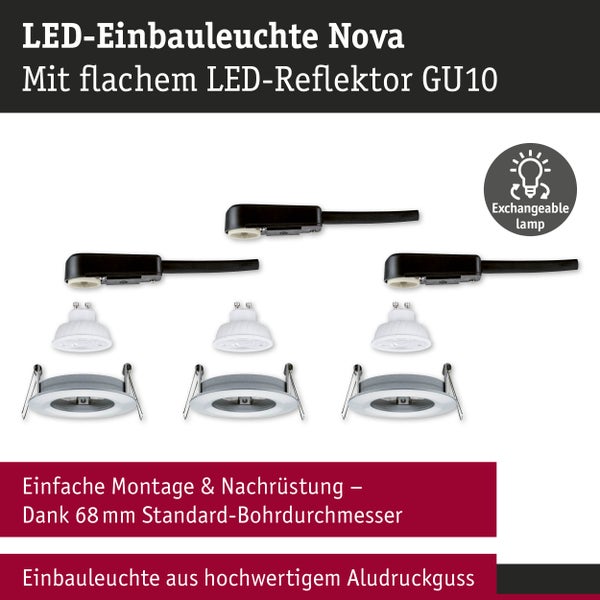 3er-Set LED-Einbauleuchte Nova mit flachem GU10 Reflektor, Anschlussboxen. Aludruckguss für 68 Millimeter Bohrungen. Symbol für austauschbare Lampen.