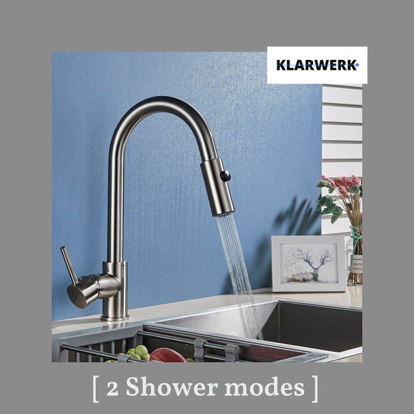 Paul | Premium Silber gebürstet ausziehbare Niederdruck Armatur |Edelstahl Wasserhahn Küche | Mischbatterie - 360 Grad drehbar | Boiler 3 Anschlüsse