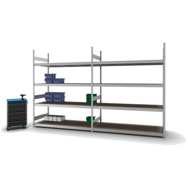 PROREGAL Weitspannregal Stecksystem T-Profil Grundregal HxBxT 250x200x80 cm 4 Ebenen Spanplatten Fachboden Fachlast 350 kg Verzinkt