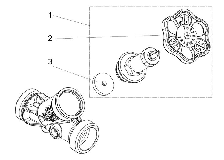 Explosionszeichnung eines totraumfreien Ventiloberteils mit Handrad, Spindel und Dichtung für eine Armatur mit Nominalweite 25.