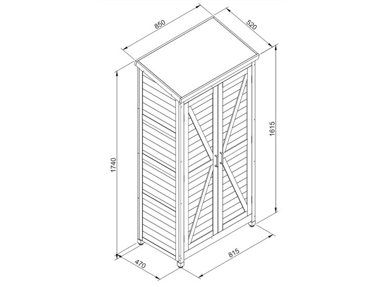 Maßzeichnung eines Gartenschranks mit zwei Türen und Pultdach. Abmessungen in Millimeter: Breite 850, Tiefe 520, Höhe 1740.