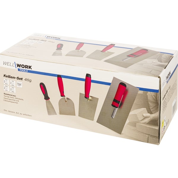 Wellwork Tools Kellen-Set 4-teilig mit Kantiger Kelle, Glättekelle, Gipserspachtel und Edelstahlspachtel.