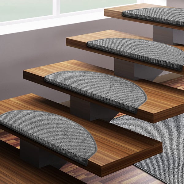 FLOORDIREKT Stufenmatte Sabang - Sisaloptik - Gekettelter Rand & Selbstklebend - Silber - 23,5 x 65 cm - Halbrund