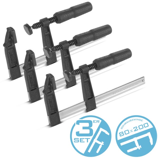 Stahlwerk 3-teiliges Schraubzwingen-Set, 80 mal 200 Millimeter, aus Metall mit Kunststoffgriffen.