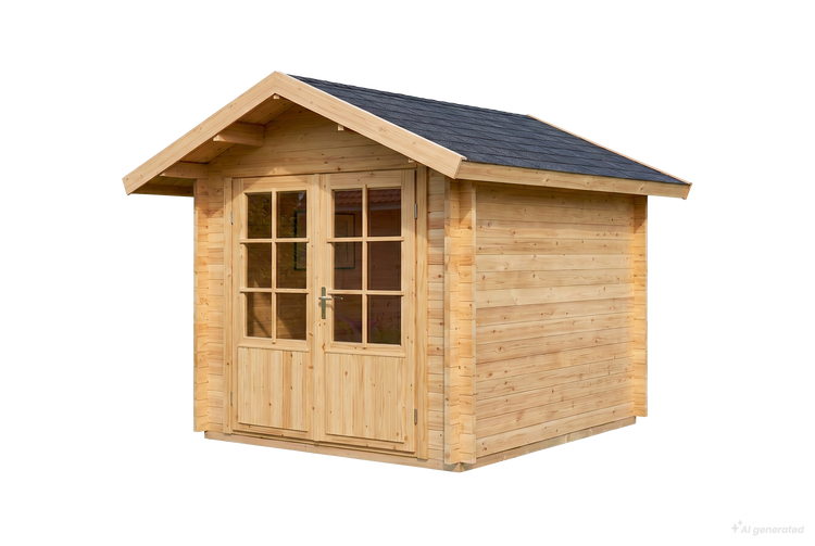 Gartenhaus aus Holz mit Satteldach und Doppeltür mit Fenstereinsätzen für den Garten
